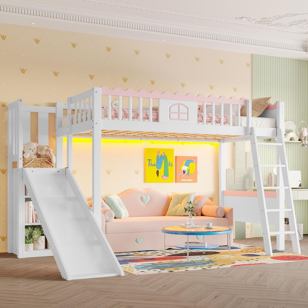Merax Etagenbett Hochbett 90x200 cm, Kinderbett mit LED-Leuchten, Zäune, Rutschen, Lattenrost, Stockbett mit Schließfächer, Jugendbett, Weiß