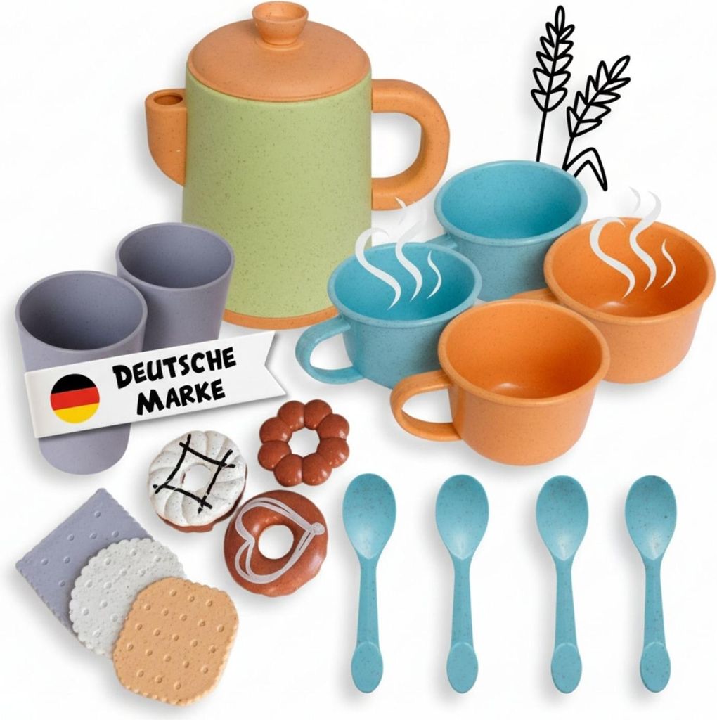 Kinder Kaffeeservice 17-teilig - Nachhaltiges Spielzeug-Set aus Weizenstroh-Kunststoff für Kinderküche und Rollenspiele ab 3 Jahre