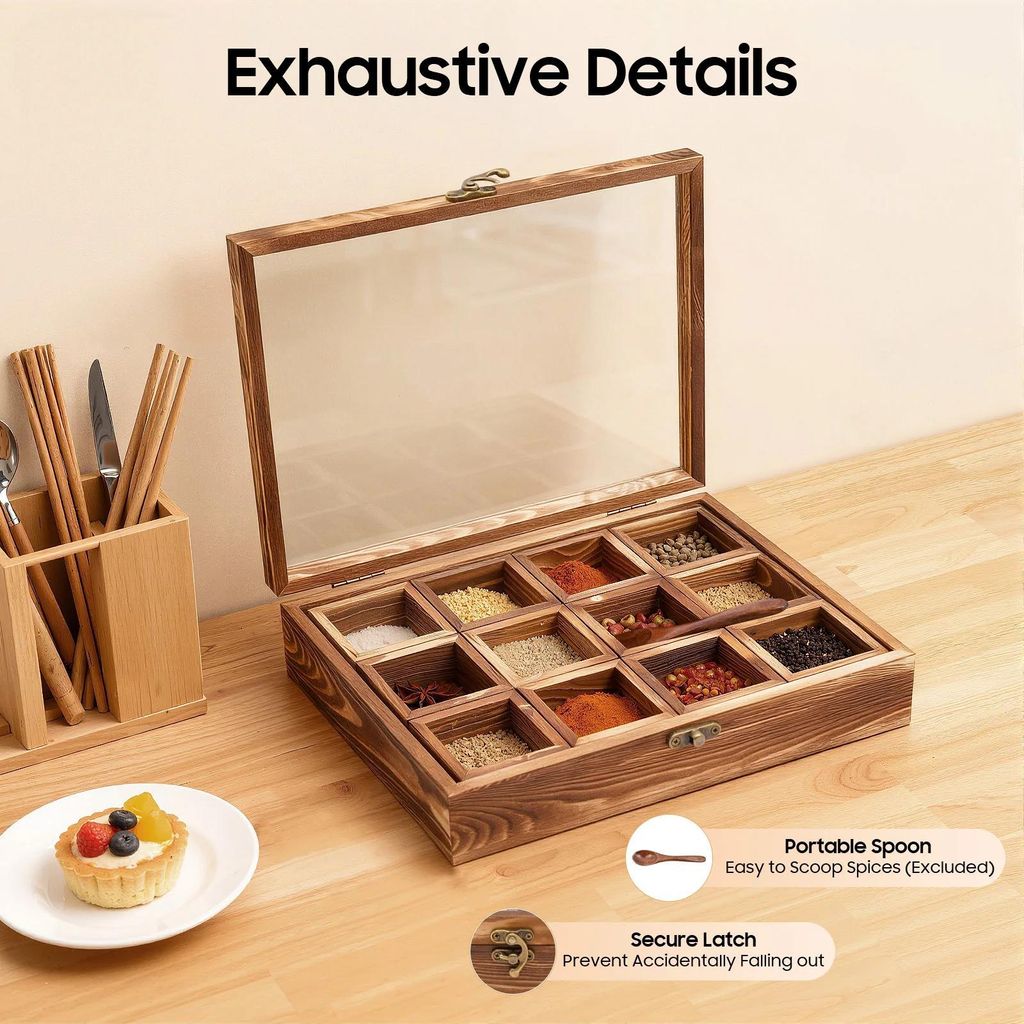 Gewürzbox aus Kiefernholz - Teebox/Organizer - 12 Fächer - Retro-Design - Sicherheitsverschluss - Für Gewürze, Tee und Pillen