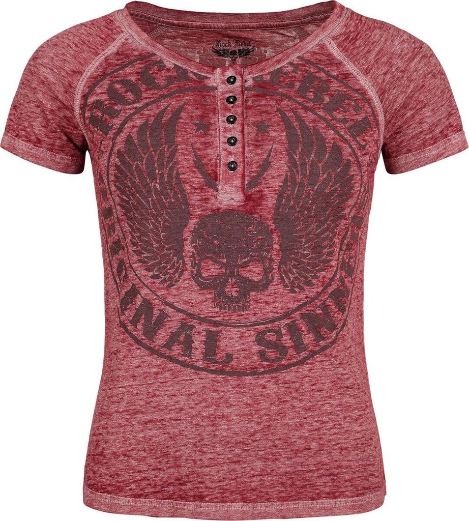 Rock Rebel by EMP Damen bordeaux-farbenes T-Shirt mit Frontprint und Knopfleiste XXL