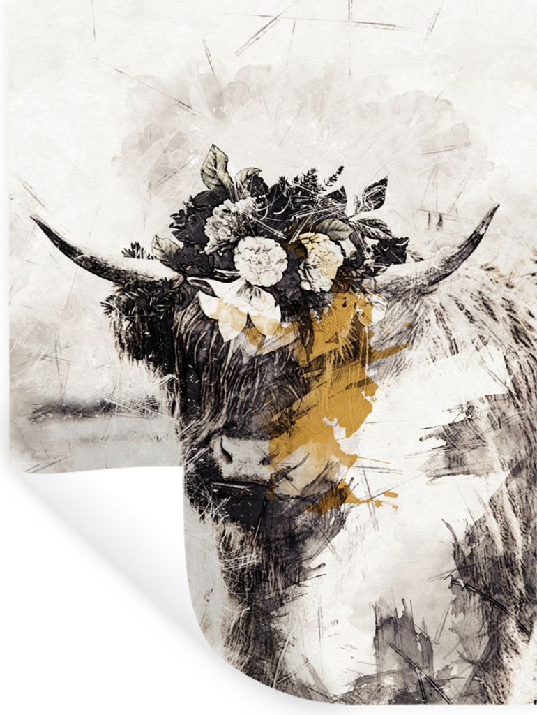 MuchoWow Wandtattoo Wandsticker Wandaufkleber Schottischer Highlander - Farbe - Blumen 60x80 cm Selbstklebend und Repositionierbar - Repositionie...