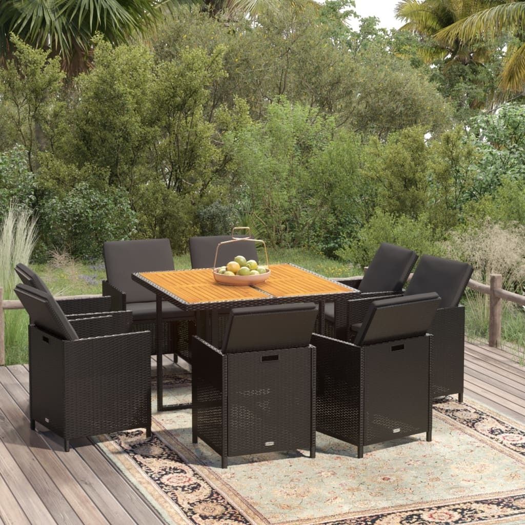 The Living Store 9-tlg. Garten-Essgruppe mit Kissen Poly Rattan Schwarz