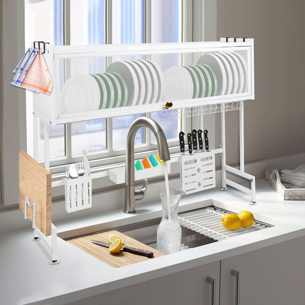 3 Ebenen Abtropfgestell,Geschirr Abtropfgestell über der Spüle,Geschirrständer Dish Drying Rack mit Schranktür für Küchentheke Weiß (Länge ...