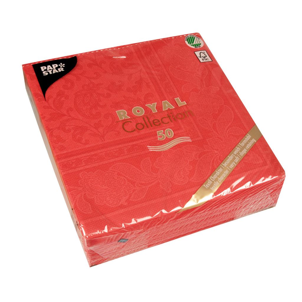 A stack of red paper napkins with a gold embossed pattern and text on the packaging.