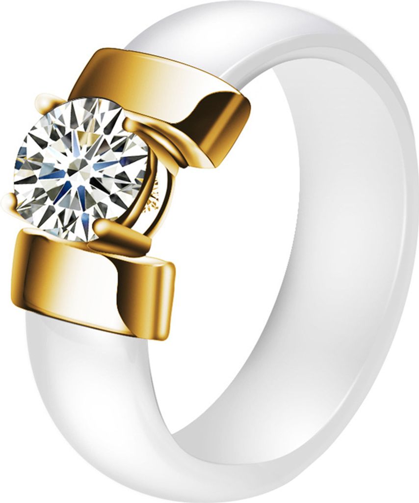 1 Stück Liebhaber Paare Schmuck Geschenk Mode Keramik Band eingelegten Kubikzircon Ring-Weiß + Gold,US 8