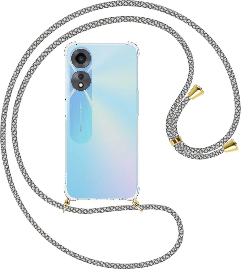 Handykette Backcover-Schutzhülle mit Band (Metall goldfarben) für Oppo A58 5G, Oppo A78 5G (6.56'') - weiß/grau kariert