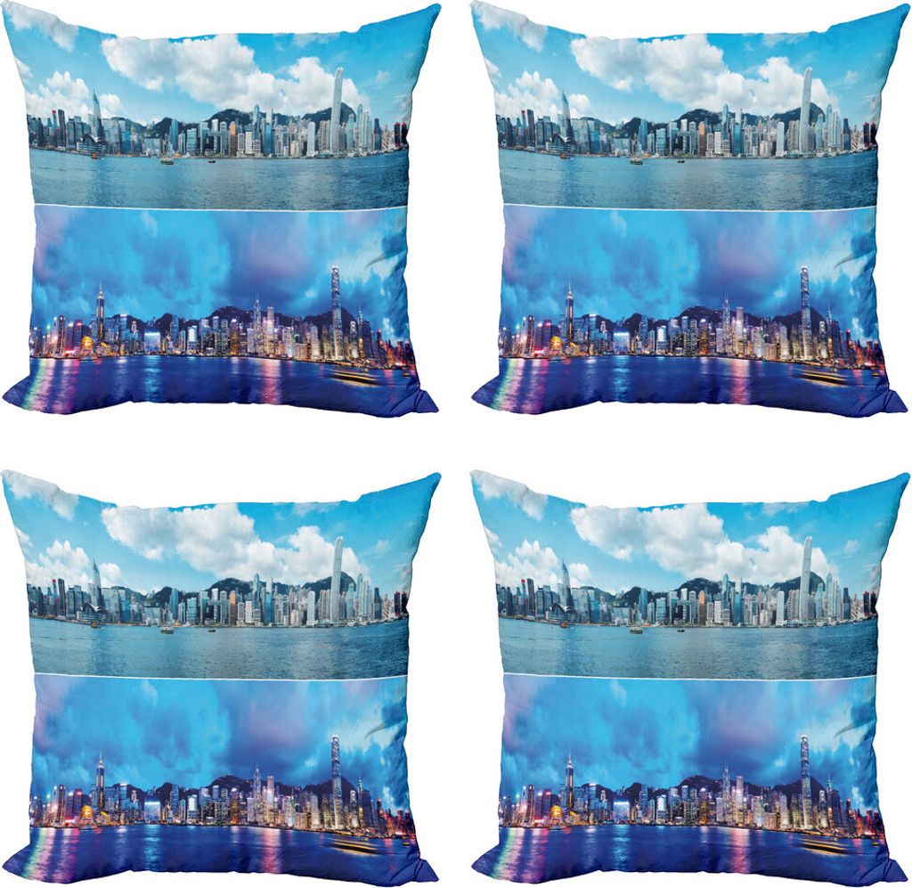 ABAKUHAUS Städtisch Kissenbezug Set (4 Stück), Hong Kong Asian, Moderner Doppelseitiger Digitaldruck, 50 cm x 50 cm, Deep-Sky-Blau