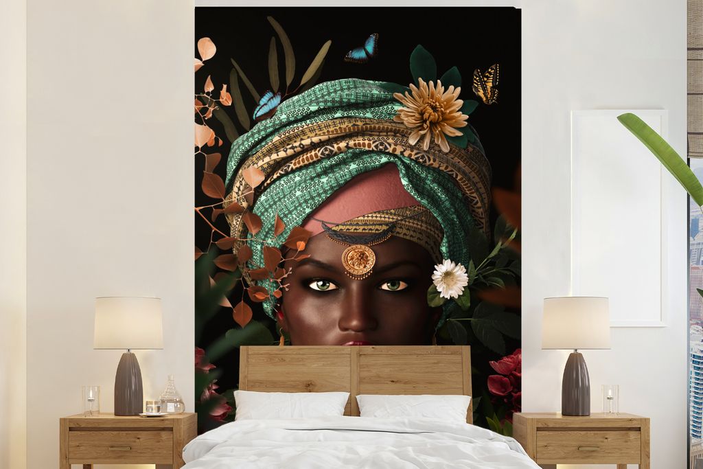 MuchoWow Fototapete für Wohnzimmer oder Schlafzimmer Wandtapete Vinyl Motivtapete Frau - Blumen - Schmetterlinge - Pflanzen - Schmuck - Luxus - ...