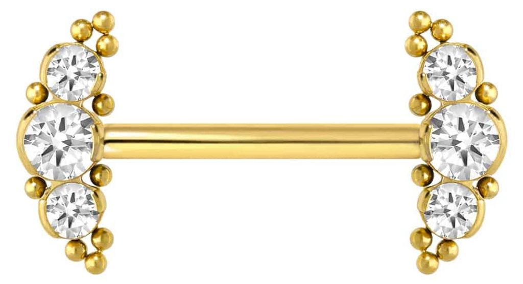 Zungenpiercing, Intim-Piercing Titan Barbell mit Push Fit 3 KRISTALLE + KUGELN Gold Stablänge: 16mm