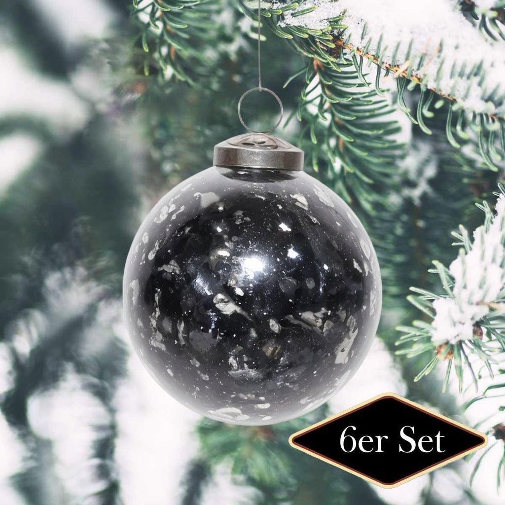 Premium Weihnachtskugel, schwarz glänzend, gesprenkelt, handgemacht in Indien