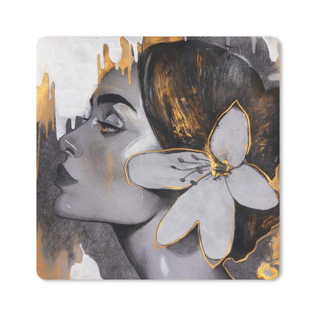 MuchoWow Mauspad Mousepad Gemälde - Ölgemälde - Frau - Blume - Gold 30x30 cm - Mousepads - Maus Mat - Pad - Mausunterlage - Gaming