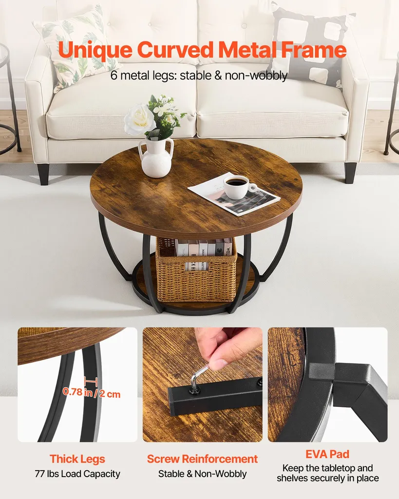 Table basse ronde anti-encombrement avec double rangement et pieds fixes