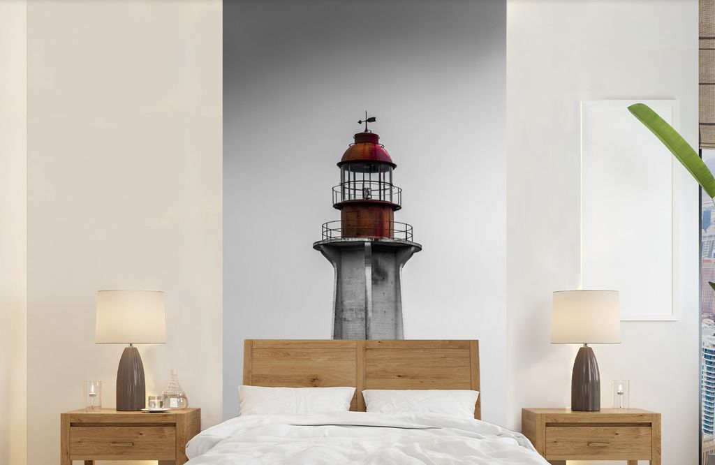 MuchoWow Fototapete für Wohnzimmer oder Schlafzimmer Wandtapete Vinyl Motivtapete Schwarz-Weiß-Foto eines Leuchtturms im Westen von Vancouver -...