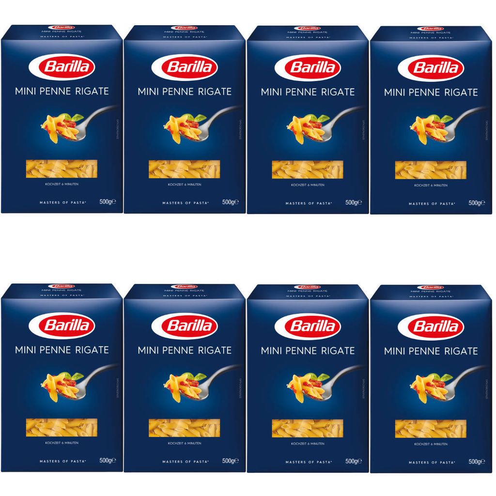 Eight boxes of Barilla Mini Penne Rigate pasta are arranged in two rows of four.