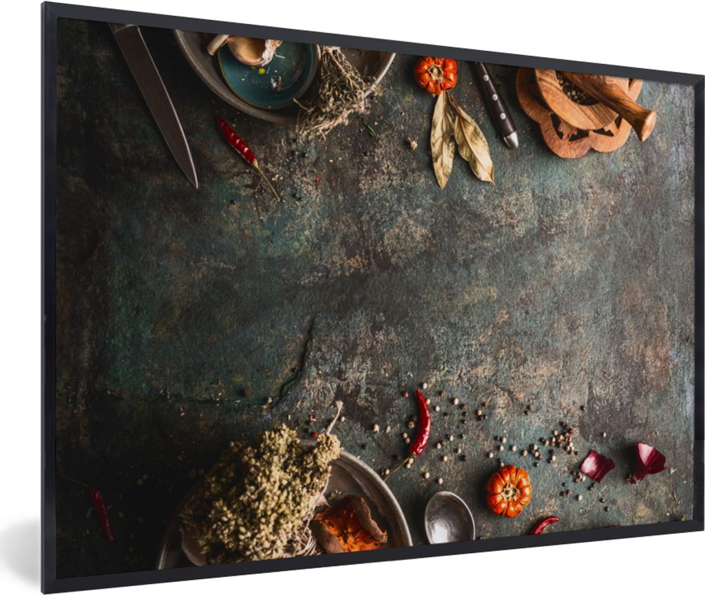 MuchoWow Gerahmtes Poster Marmor - Gemüse - Herbst - Kürbis - Rustikal - Kräuter 30x20 cm - Poster mit Schwarzem Bilderrahmen Wandposter Rahme...