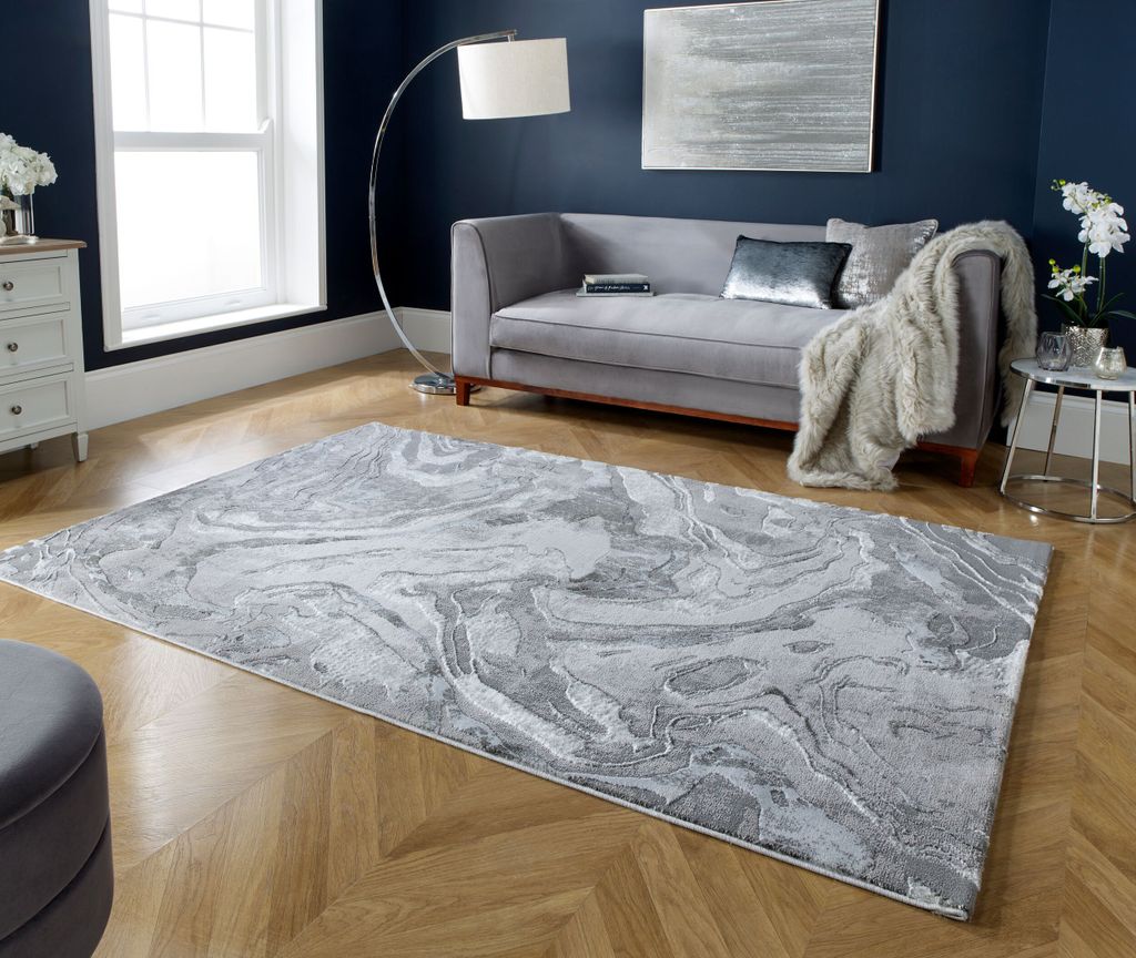 r Wohnzimmer Teppich "Ouse Joy", Metallische Marmorierung - Farbe: Silber, 200x290 cm | Kadima Design