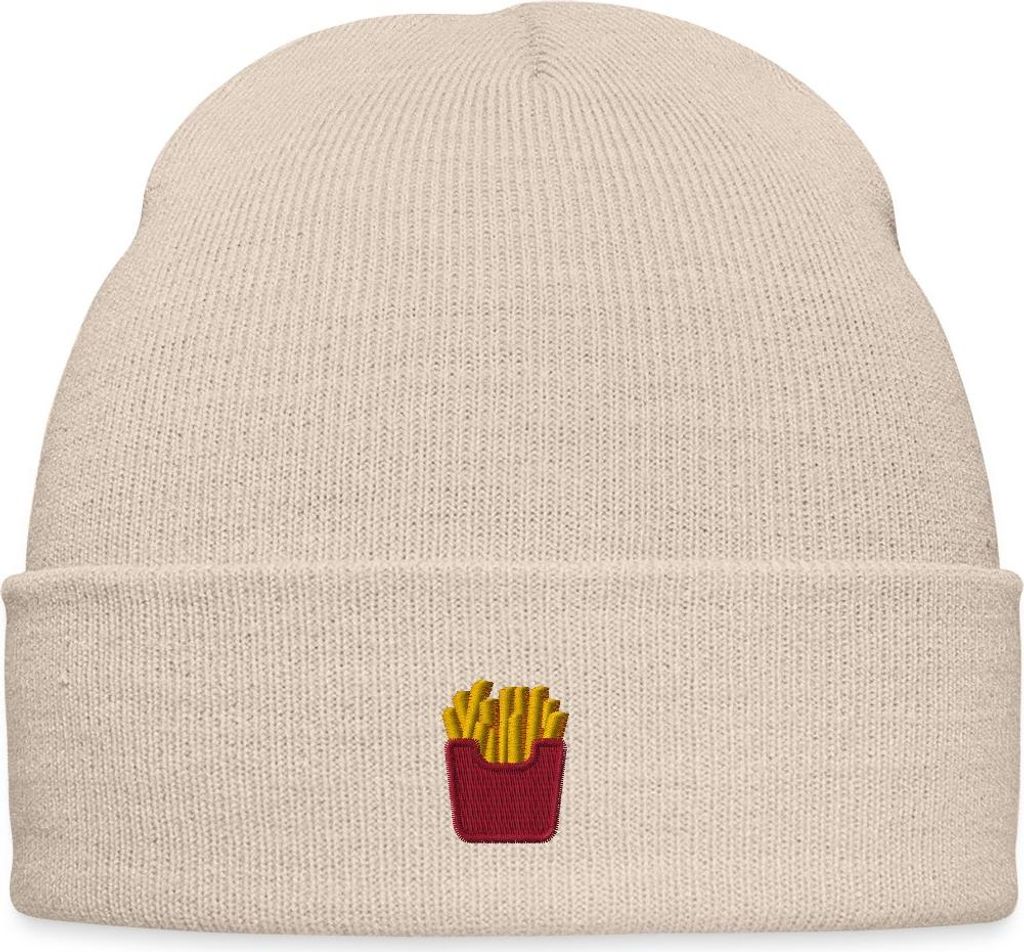 Spreadshirt Stickmotiv Pommes in Rotem Fizzer Beutel Bestickte Wintermütze, One size, Beige