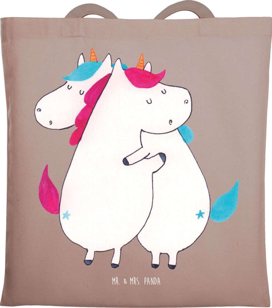 Mr. & Mrs. Panda Tote Bag Einhörner Umarmen - Braun Pastell - Geschenk, Baumwolltasche, Schwester, Liebe, BFF, Laptoptasche, Schultasche, Familie,...
