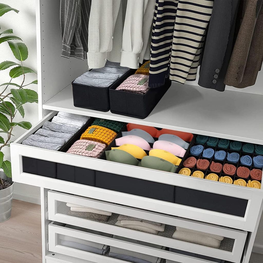 Lade Organizer Faltbar, Schubladen Unterwäsche Organizer, Faltbox Stoffbox für Unterwäsche, Kleidung, Schals, BHs, Socken, Krawatten, Hellgrau