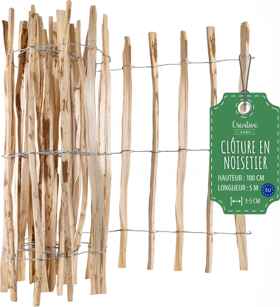 Clôture en Noisetier pour Jardin et Potager - 100 cm x 5 m Naturel