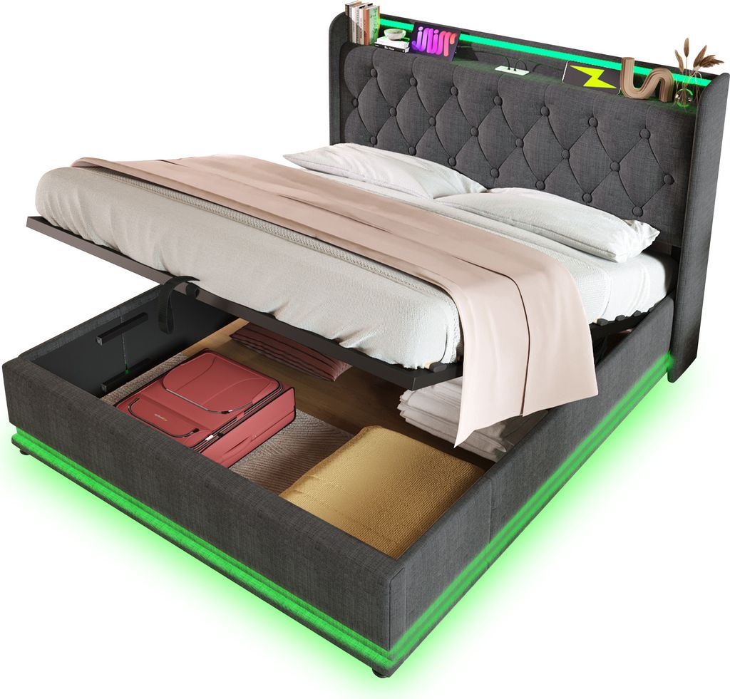 Polsterbett Doppelbett, 360-Surround-LED-Funktion, Drucktaste/App/Fernbedienung,160*200 cm,Grau Leinen-Material Hydraulisches Lagerbett, gepolstertes