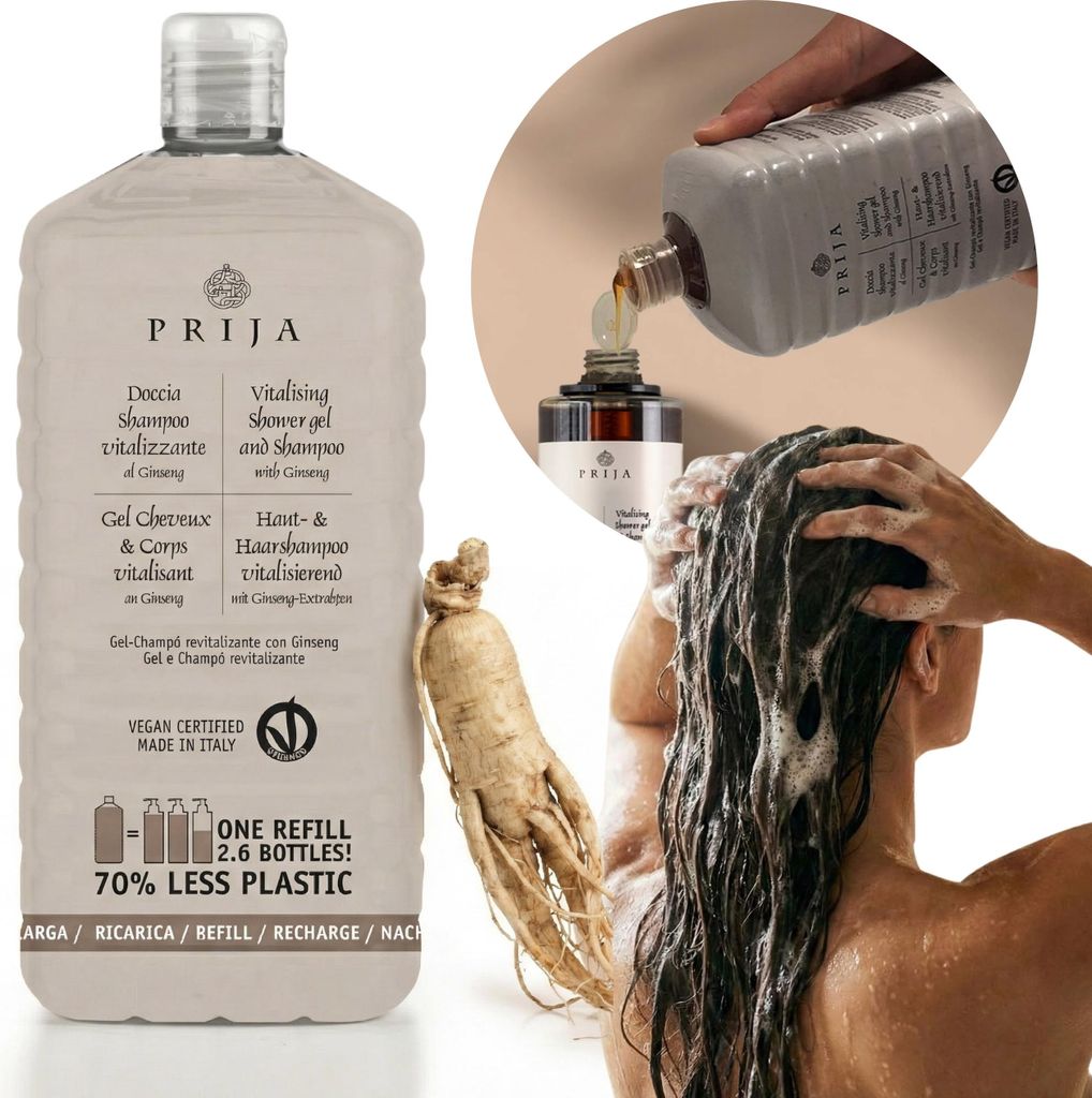 PRIJA 2-in-1 Haarshampoo & Duschgel mit Ginseng, Nachfüllpackung, vegan, 1 L