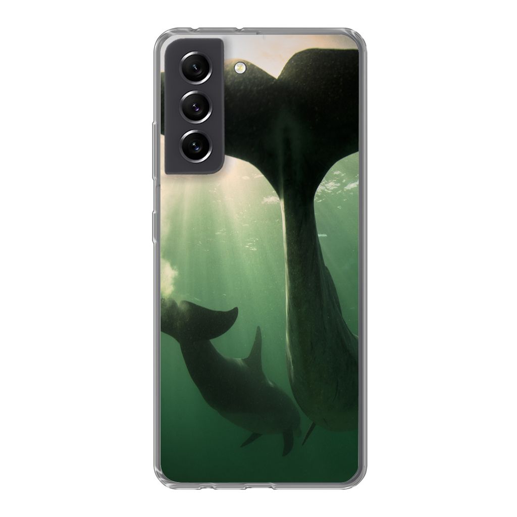 MuchoWow Handyhülle Schutzhülle Hülle für Samsung Galaxy S21 FE Delfin - Wasser - Blau Silikon Softcase Handy Hülle - Mobiltelefonhülle