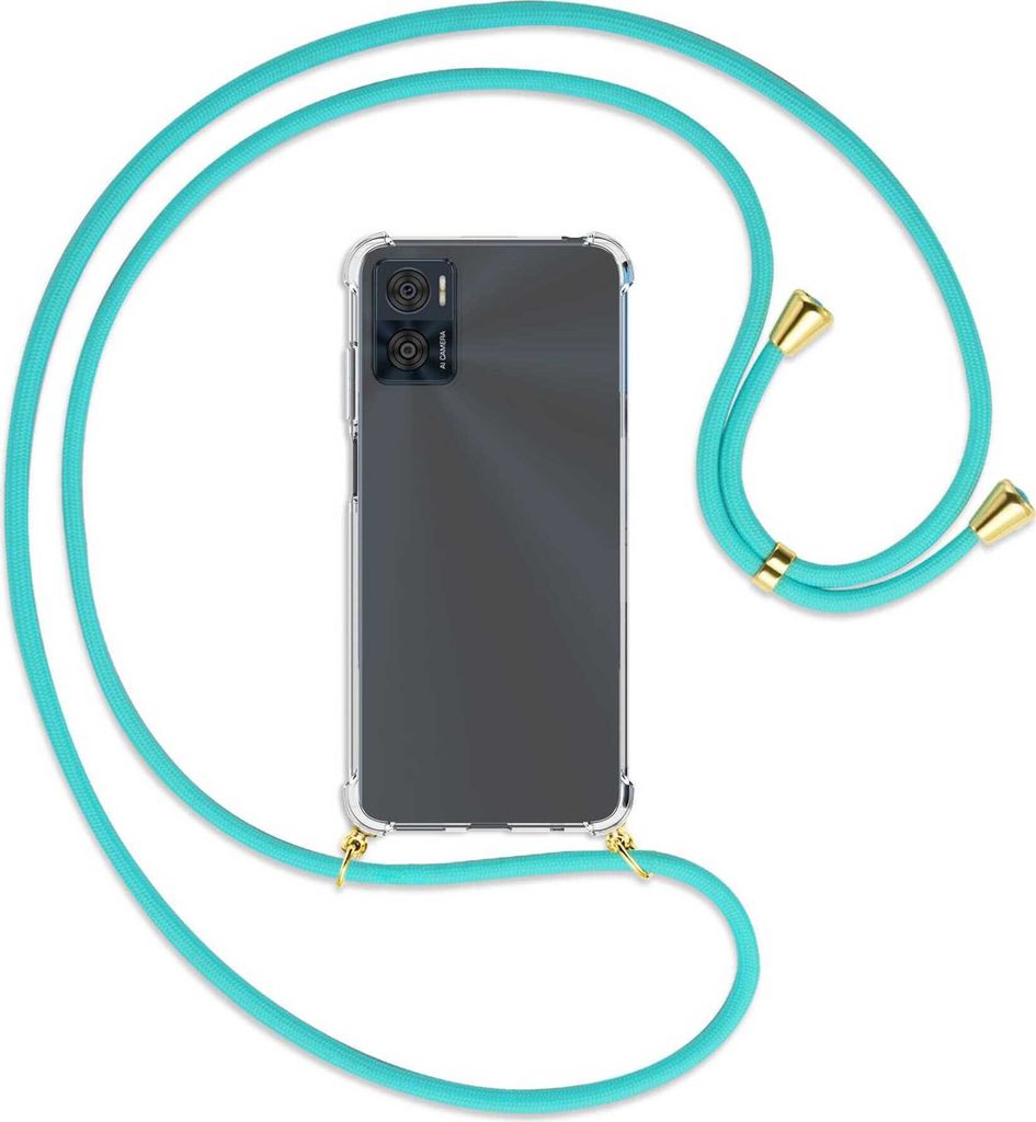 Handykette Backcover-Schutzhülle mit Band (Metall goldfarben) für Motorola Moto E22, Moto E22i 4G - türkis