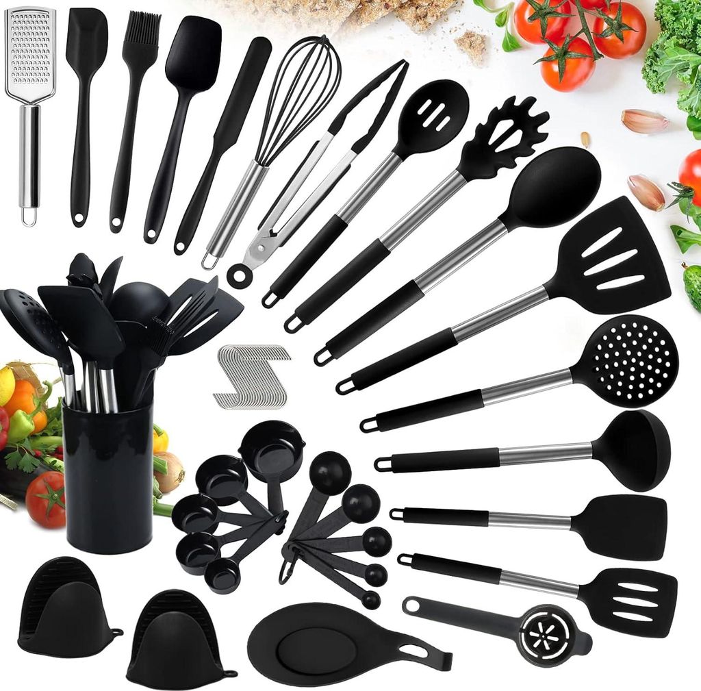 49-teiliges Küchengeräte-Set - Silikon Kochgeschirr Set mit Utensilienhalter - Küchengeräte Spatel Set mit Halter - Küchengeräte antihaftbesc...