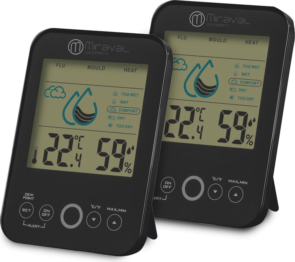 Two black digital hygrometers/thermometers are displayed side-by-side on a white background. The devices show temperature, humidity, and comfort levels.