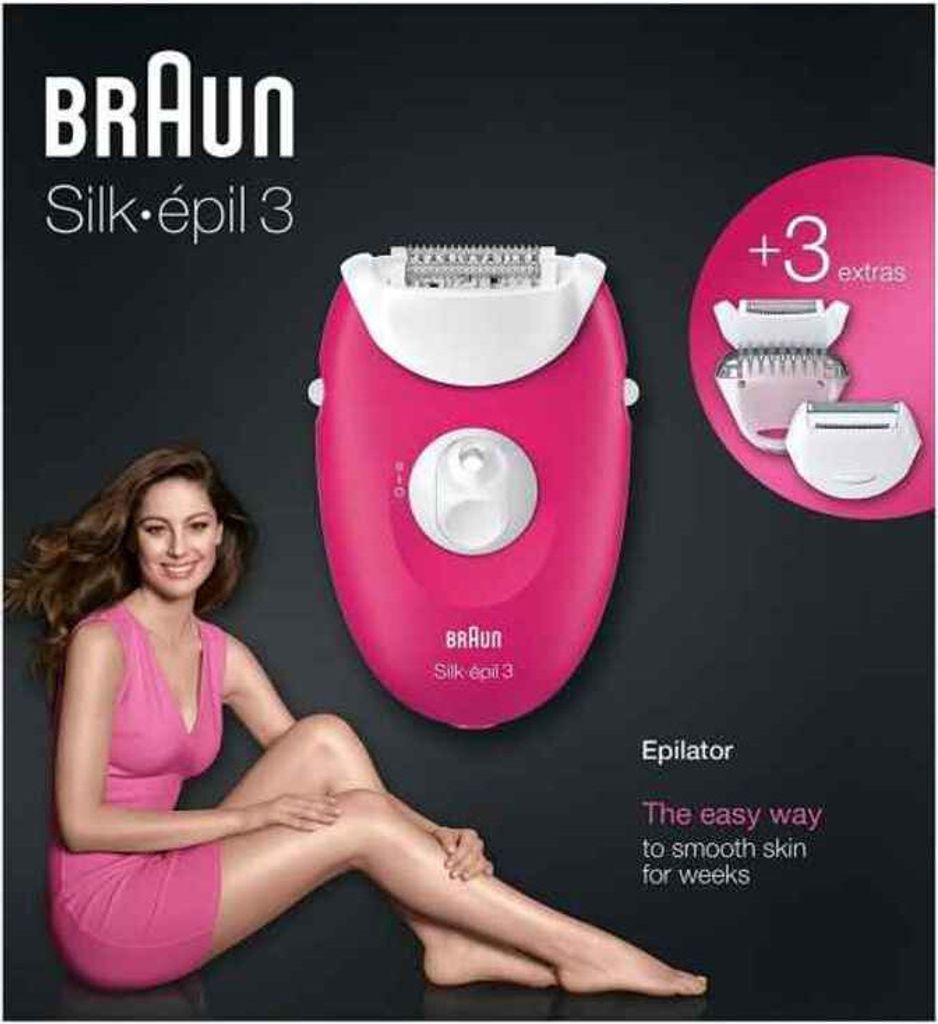 Braun Silk-épil 3 3-410 Corded Epilator Hair Removal + 2 Extras - Raspberry
