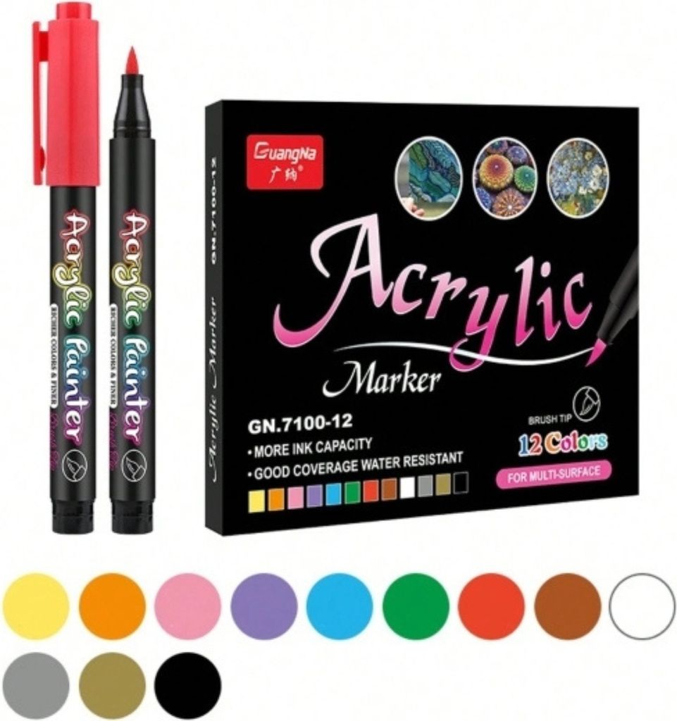 A product shot of acrylic markers and their color swatches, presented with their packaging.