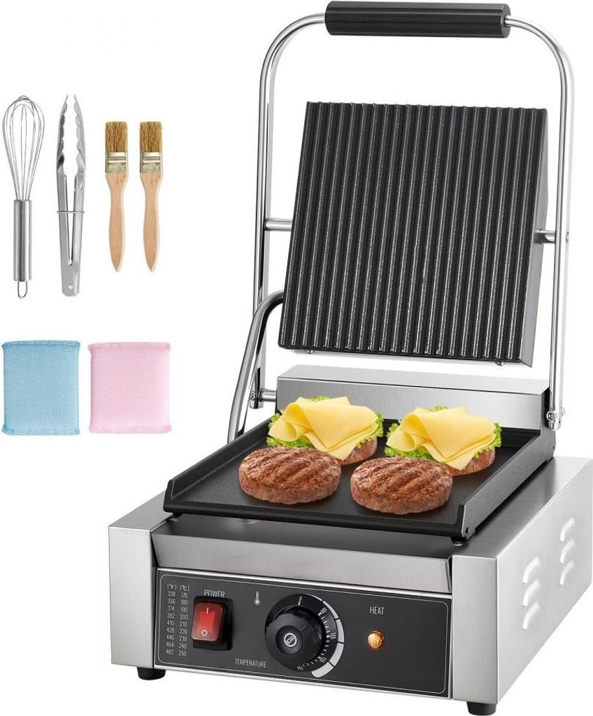 Kommerzieller Kontaktgrill 1800 W - Elektrogrill Sandwichmaker - Edelstahl Panini Presse mit Griff & Temperaturregelung - 22x23cm flache Emaillepla...
