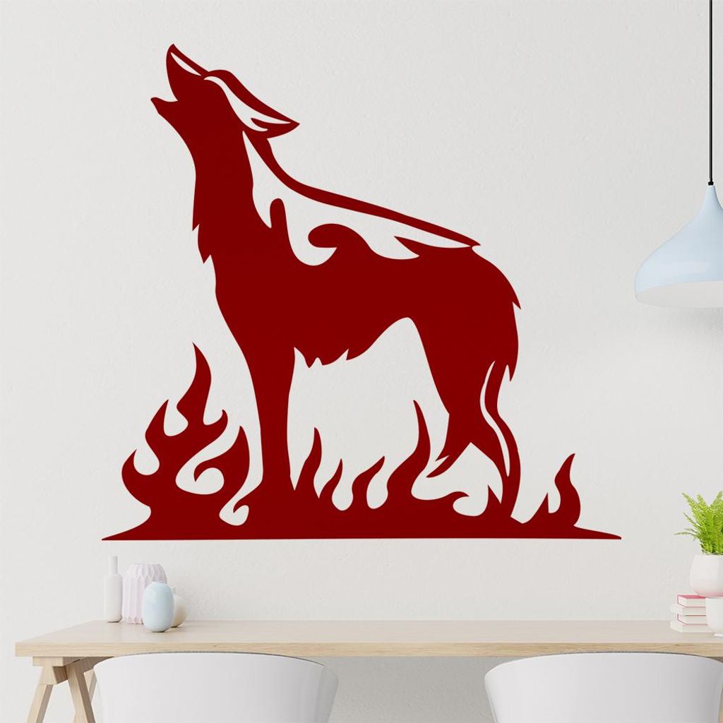 heulender Wolf Flammen Wandtattoo in 6 Größen - Wandaufkleber Wall Sticker - Dekoration, Küche, Wohnzimmer, Schlafzimmer, Badezimmer
