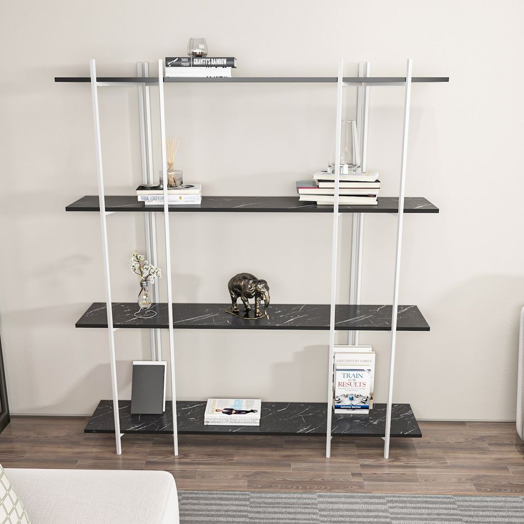 Skye Decor, Moss - Marblee, White, Bücherregal, Schwarz, 100 % MELAMINBESCHICHTETE SPANPLATTEN, 160 x 29,6 x 180 cm