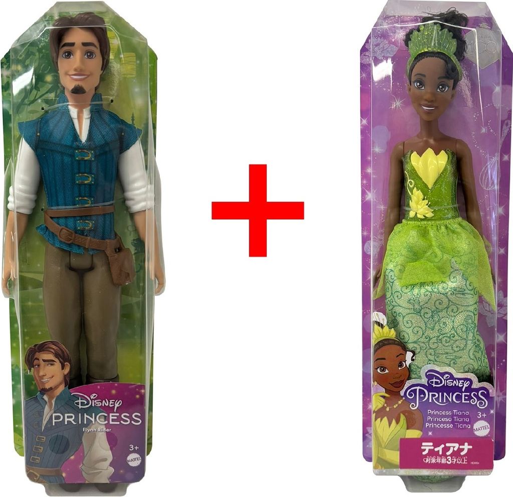 2er-Set Disney Prinzessin Puppe HLV98 Flynn Rider Rapunzel und HLW04 Tiana Küss den Frosch, Spielzeugfigur, Sammelfigur, Geschenk-Set