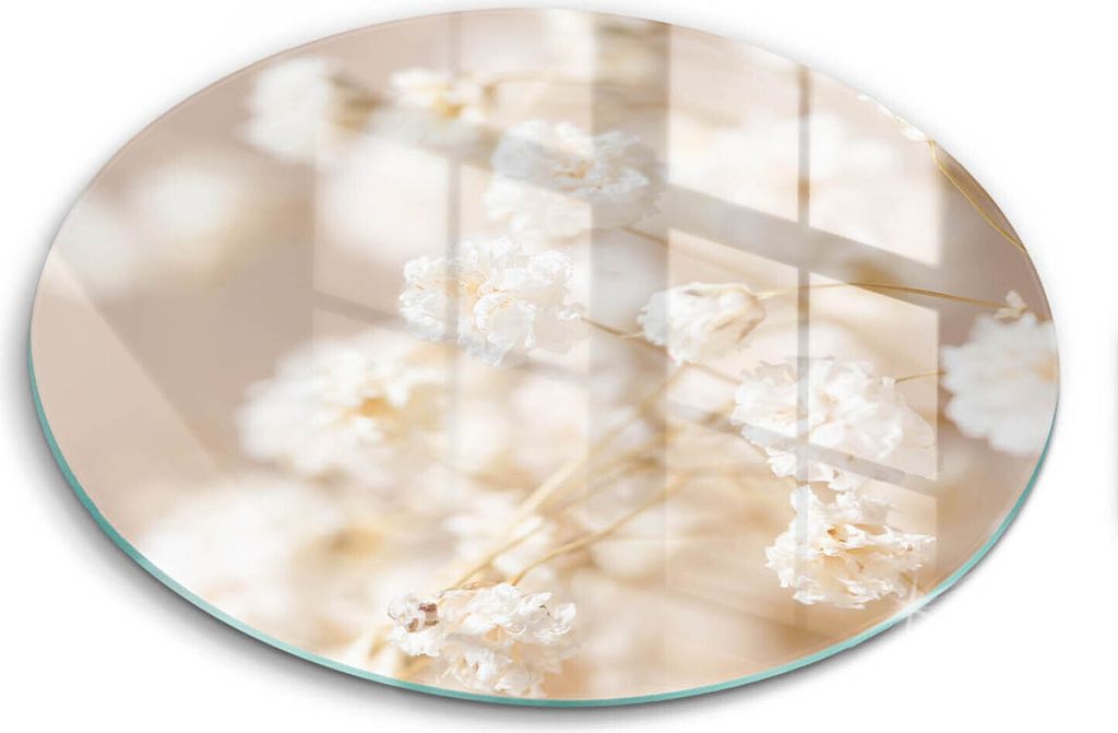 Glasschneideplatte - Herdabdeckplatte - fi40 cm -Schneidebrett - Spritzschutz - Zarte weiße Blüten
