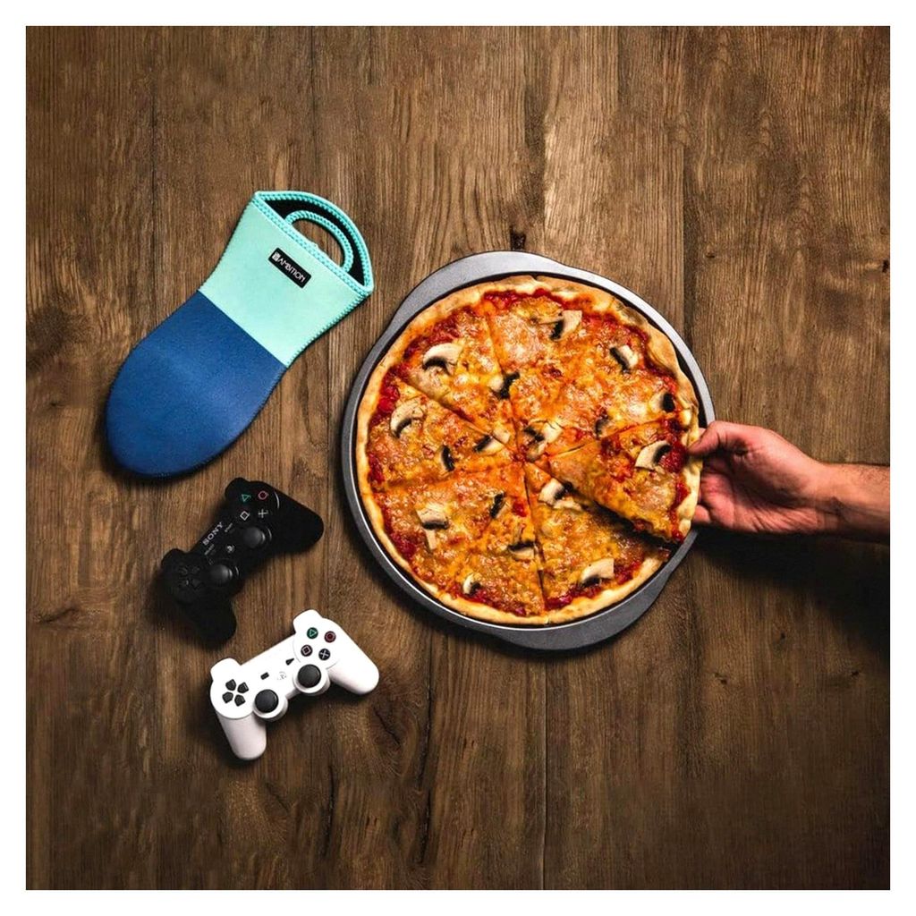 Pizzablech rund 35,5 cm aus Kohlenstoffstahl mit Löchern und Griffen, antihaftbeschichtet