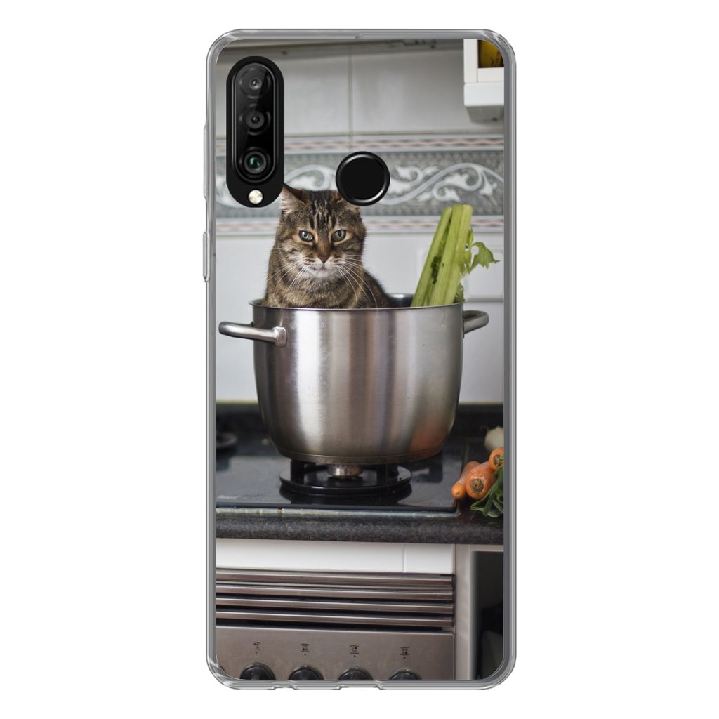 MuchoWow Handyhülle Schutzhülle Hülle für Huawei P30 Lite Katze - Pfanne - Küche Silikon Softcase Handy Hülle - Handyhülle