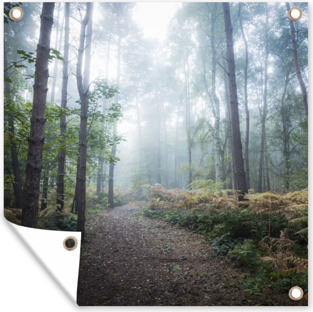 MuchoWow 100x100 cm Outdoor-Poster Gartendeko Sichtschutz Garten Poster für den Garten Wald - Nebel - Weg