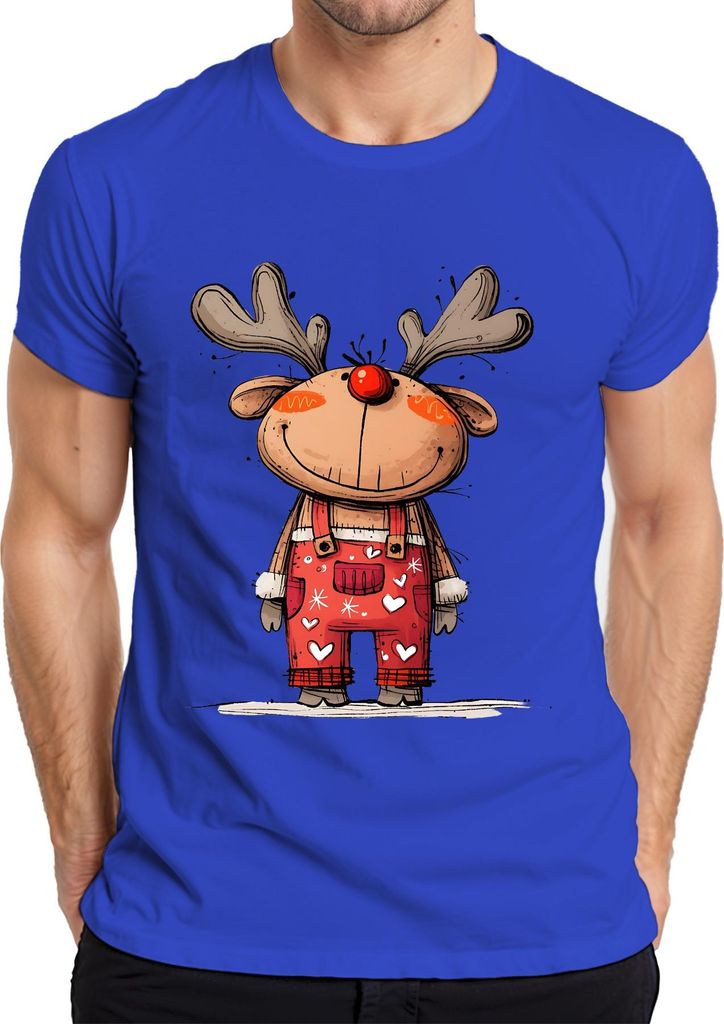 Rudolf Rentier rote Nase Weihnachten niedlich Geschenk Cartoon Herren T-Shirt, Blau, L