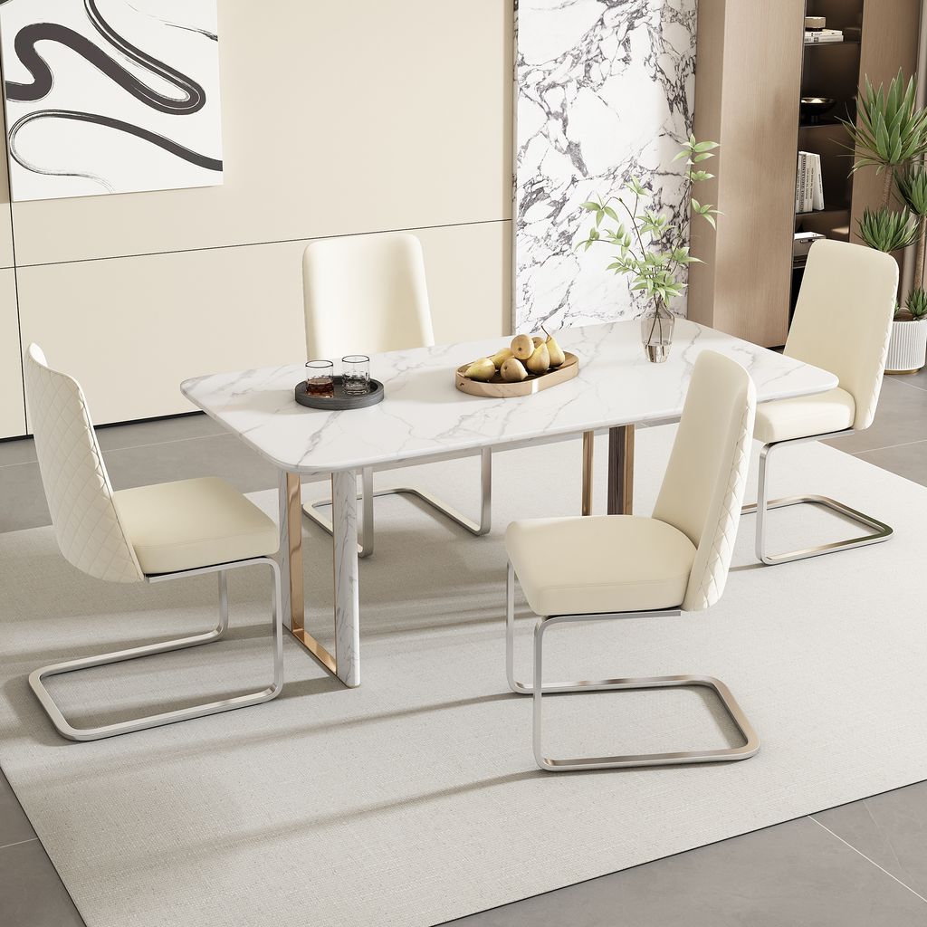 A dining set with a marble-top table and four beige chairs in a modern dining room.