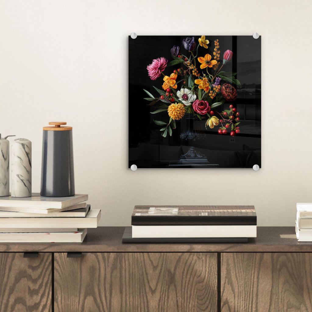 MuchoWow Glasbilder - Bilder auf Wandbild - Foto auf Glas Ornamental - Blumenstrauß - Blätter 30x30 cm Wanddekoration aus Glas - Acrylglasbild - ...