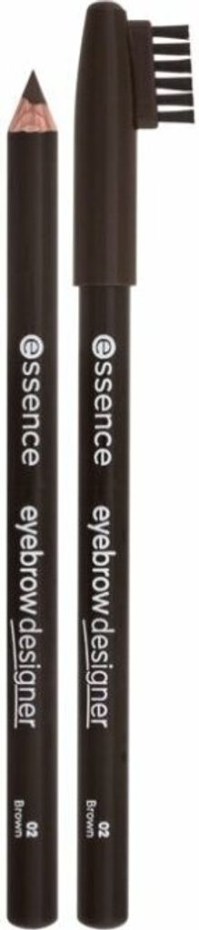 Two eyebrow pencils are shown side-by-side against a white background. One pencil is sharpened, and the other has a brush on its end.
