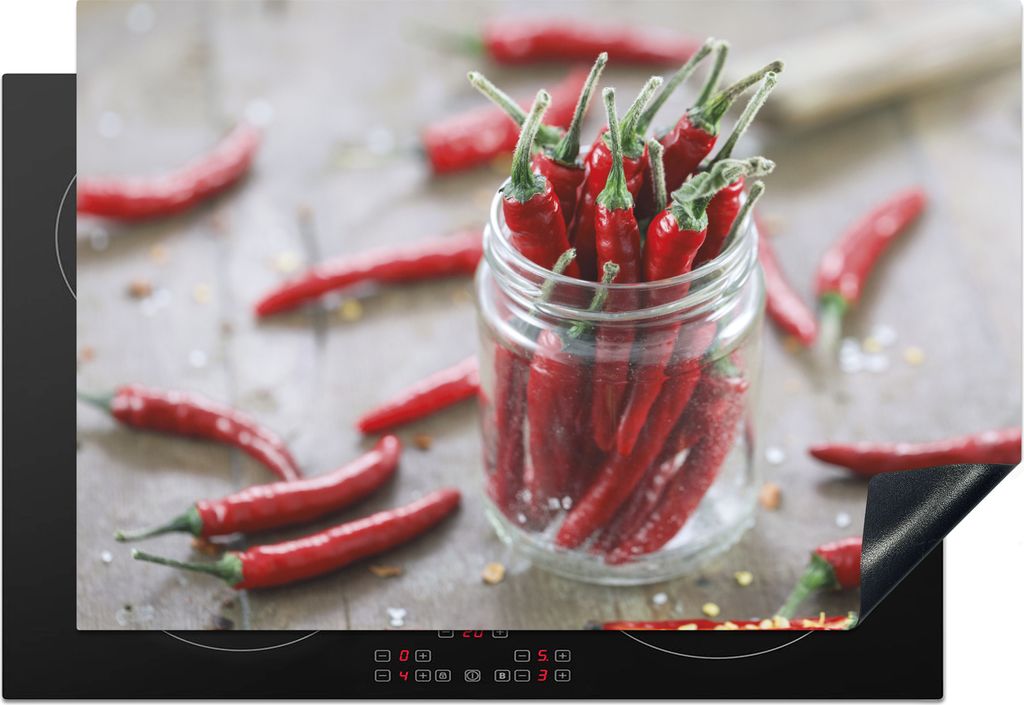 KitchenYeah Herdabdeckplatte Chilischote in einem Glasbecher , 78x52cm, Küche Deko, Glaskeramikkochfeld Herdabdeckung, Abdeckplatte fùr Kochfeld