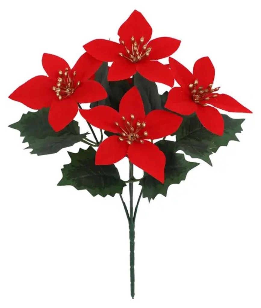 Künstlicher Weihnachtssternstrauß mit grünen Blättern, 4 Zweige, UV-beständig, künstliche Seidenblume, Tischdekoration für drinnen und draußen