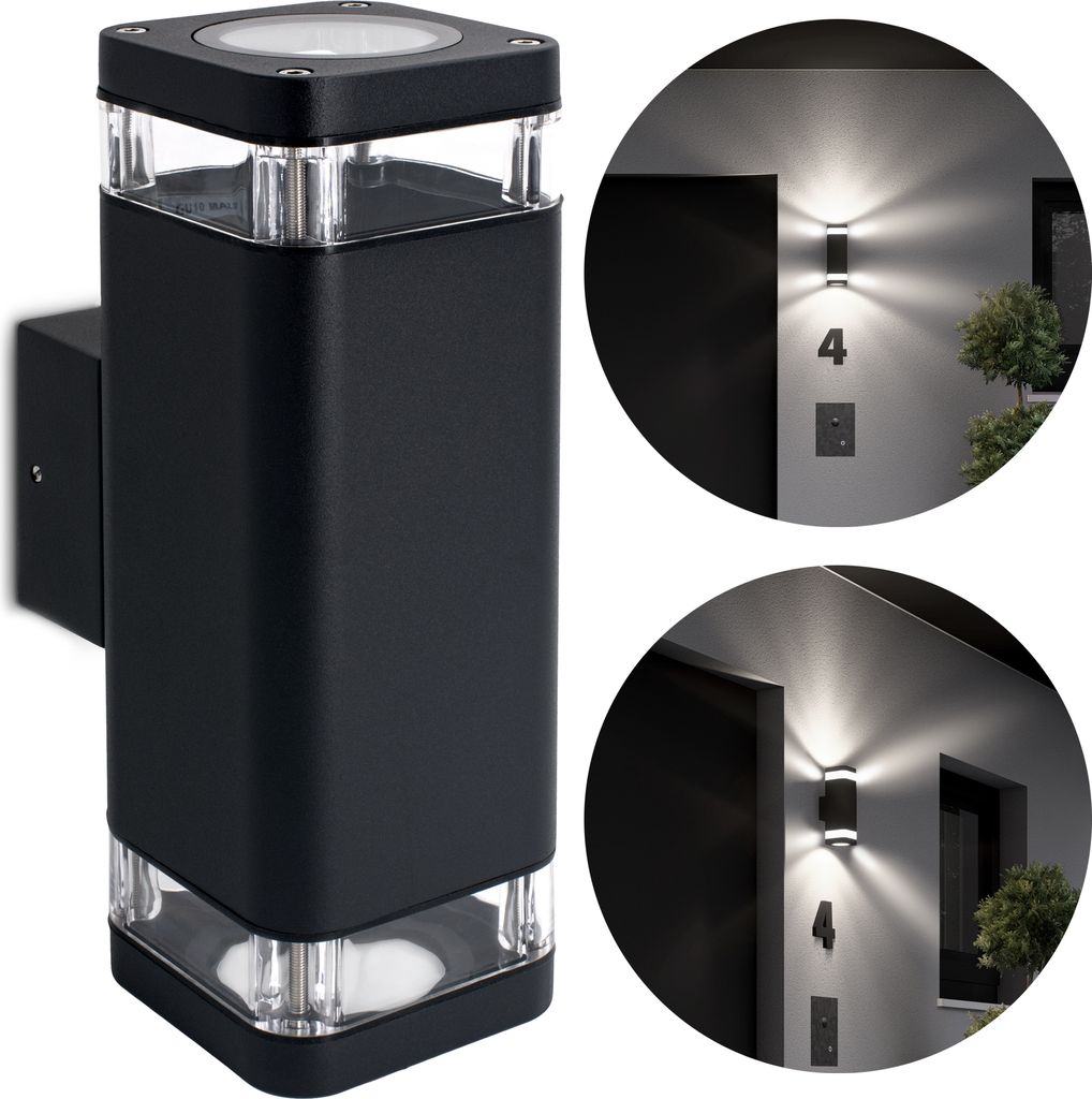 SSC-LUXon LED Wandleuchte ATUNI Up & Down mit IP54 Regenschutz für außen - Wandstrahler 2-Flammig schwarz inkl. 3W GU10 Lampe 230V