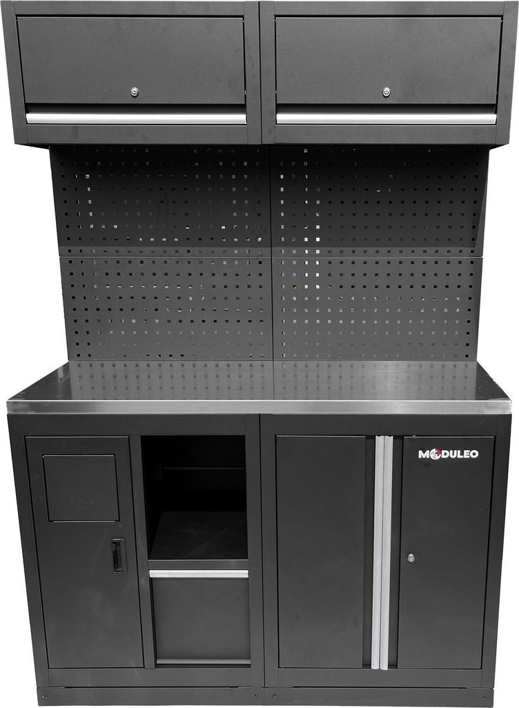 Werkstatt-Schranksystem-Erweiterungsmodul, Edelstahlarbeitsplatte, Abfallsystem mit Papierrollenhalter