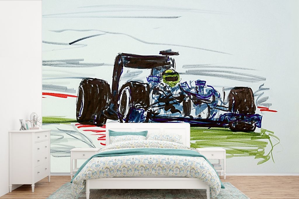 MuchoWow Fototapete für Wohnzimmer oder Schlafzimmer Wandtapete Vinyl Motivtapete Eine Illustration eines Formel-1-Rennwagens - 420x280 cm - Zim...