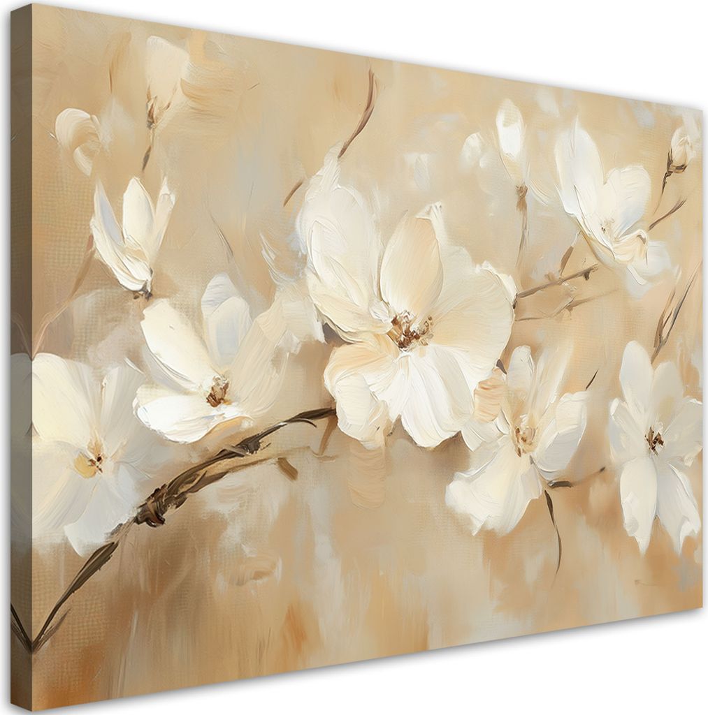 Leinwandbild Weiße Blumen auf beigem Hintergrund 60x40 Feeby Beige bild für die wand bereit zum aufhängen